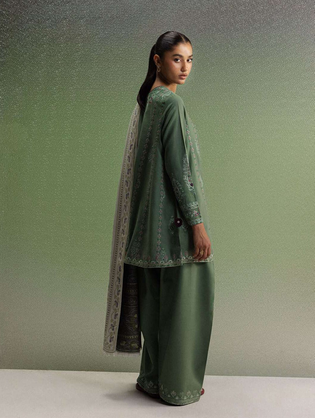 COCO Winters '26 SARD 1B Olive Green Kashmiri Embroidered Khaddar Suit 3 Piece