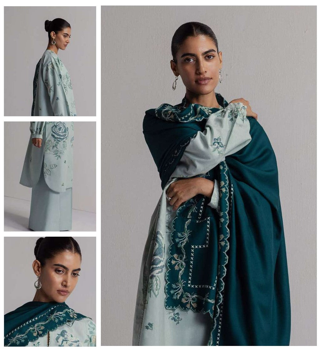 COCO Winters '26 RAKHSH 3B Powder Blue Embroidered Karandi Suit with Marina Twill Shawl