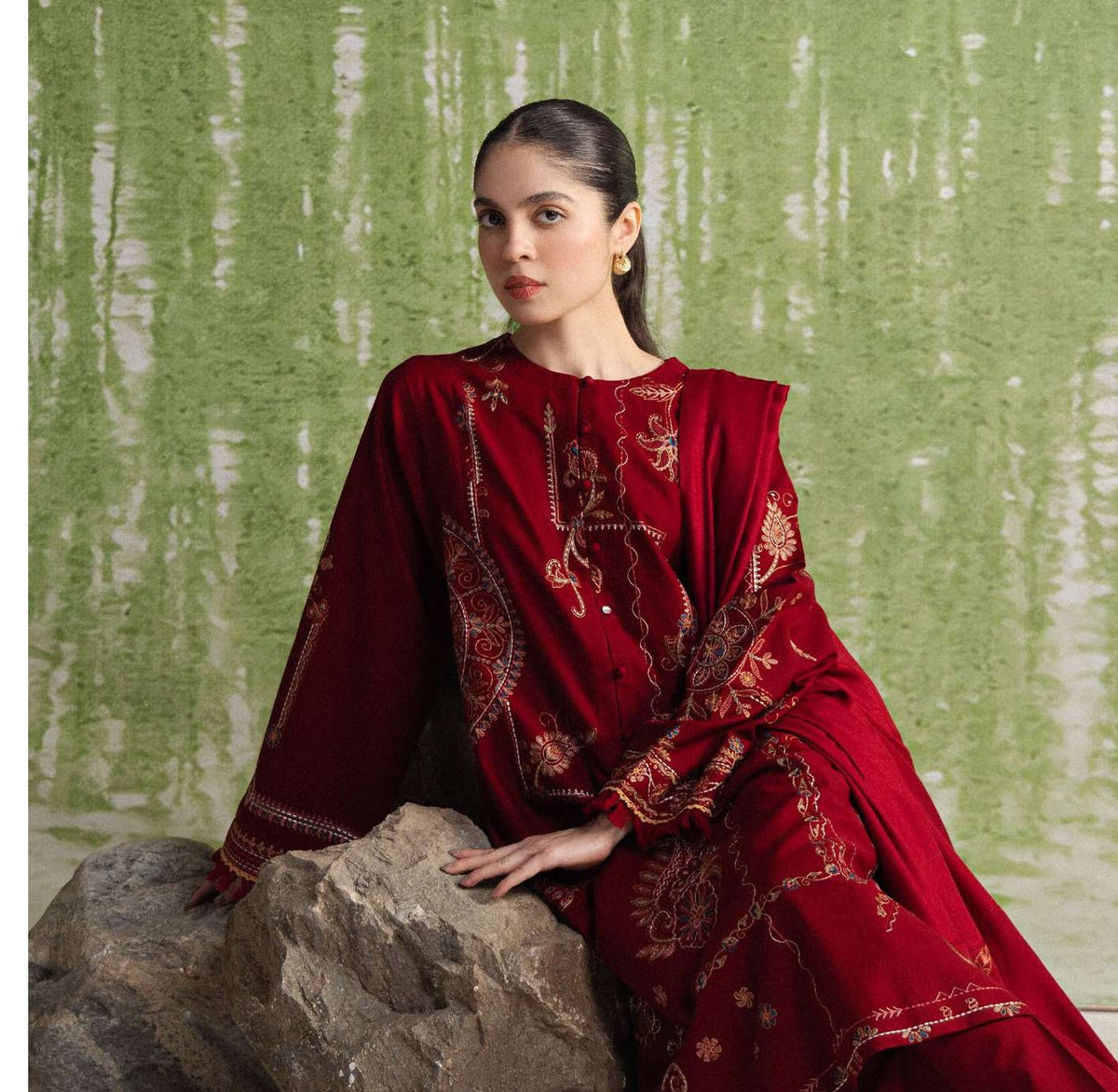 COCO Winters '26 DIBA 10A Deep Red Kantha Embroidered Khaddar Suit