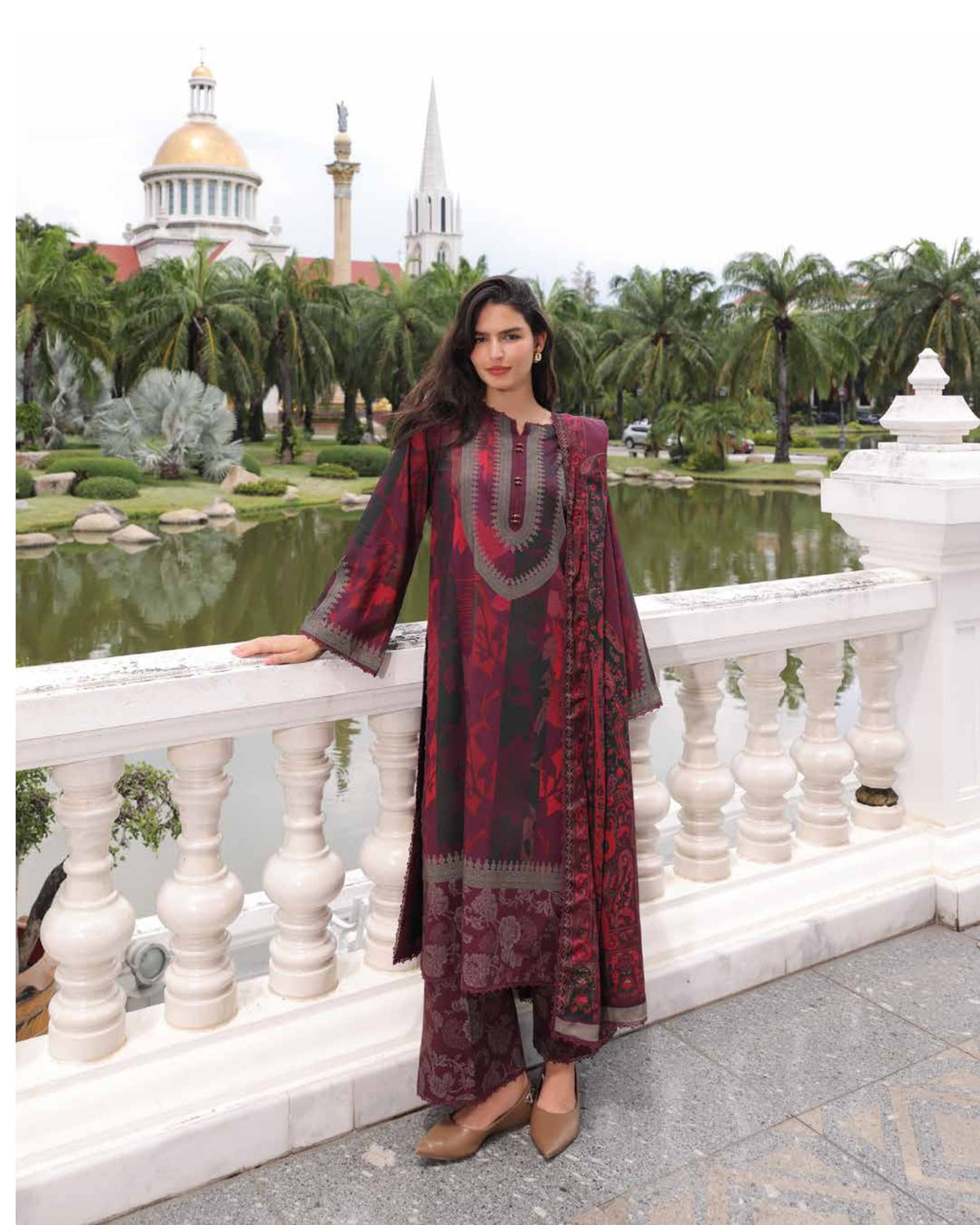 Charizma C-Prints CPW6-12 Deep Plum & Burgundy Printed Linen Pakistani Salwar Kameez Suit