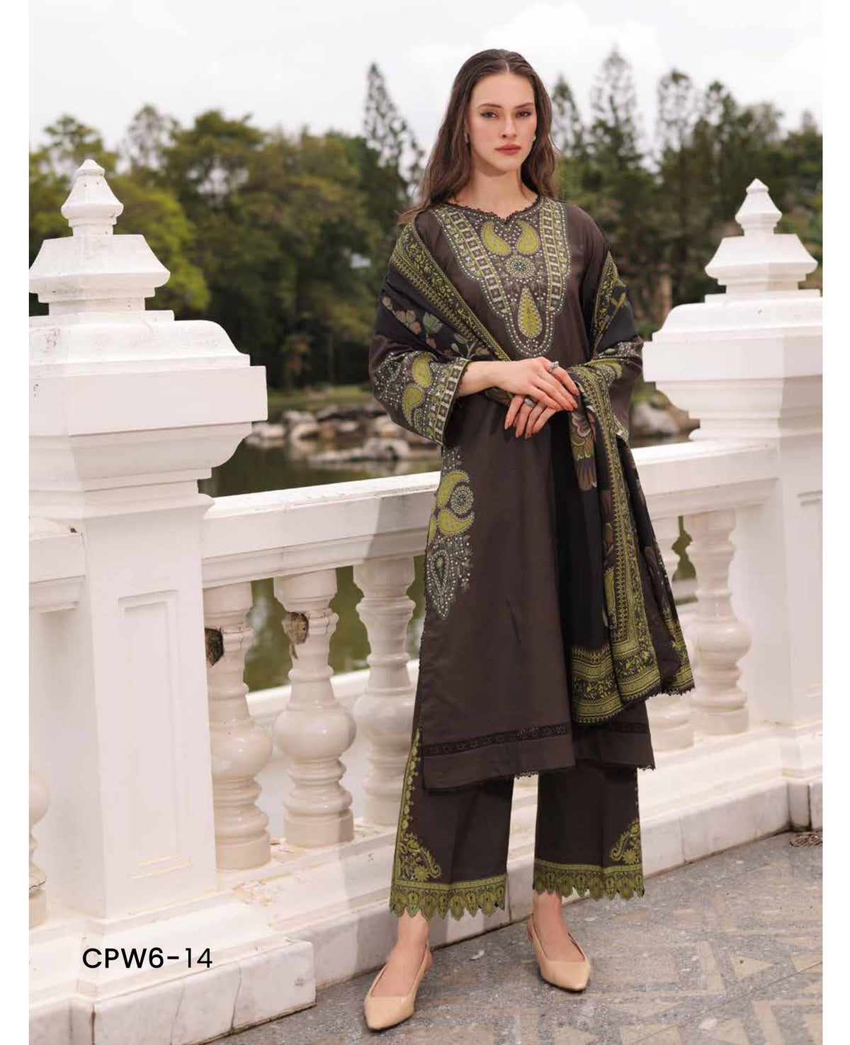 Charizma C-Prints CPW6-14 Espresso Brown & Olive Green Printed Linen Salwar Kameez Pakistani Suit