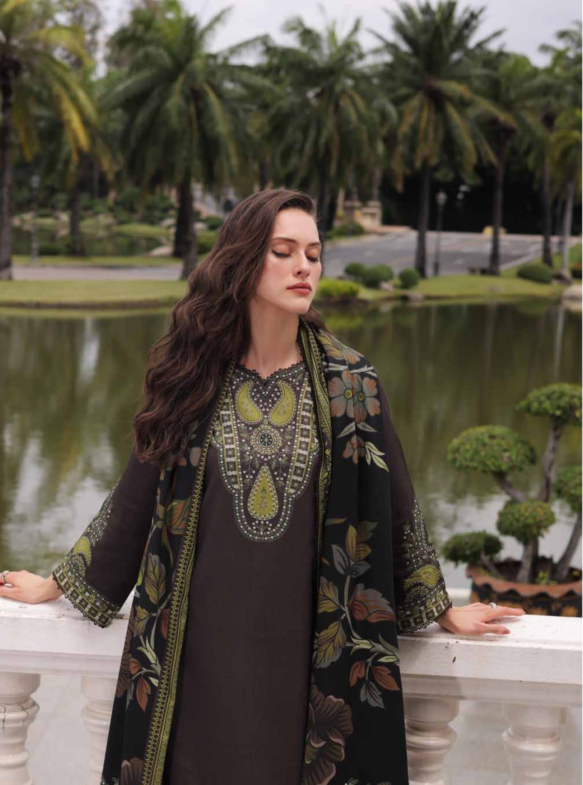 Charizma C-Prints CPW6-14 Espresso Brown & Olive Green Printed Linen Salwar Kameez Pakistani Suit