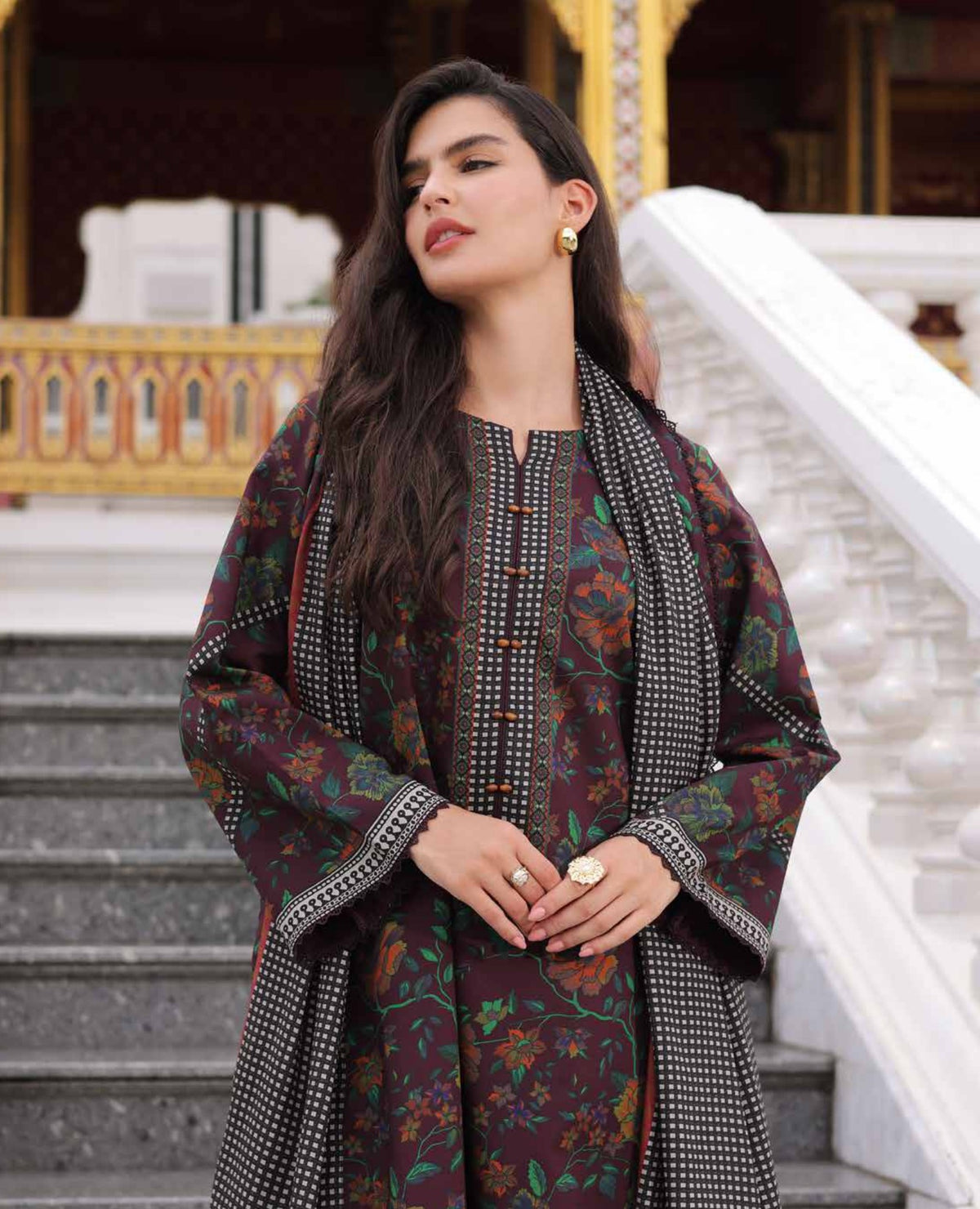 Charizma C-Prints CPW6-17 Deep Plum & Monochrome Checker Shawl Linen Pakistani Salwar Suit