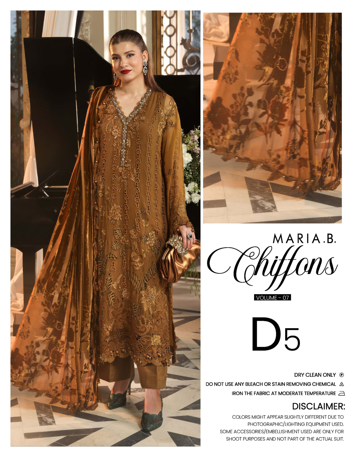 Maria B. Chiffons Vol 07 - Design D5 - Luxury Embroidered Mustard Gold Pakistani Salwar Suit for Weddings