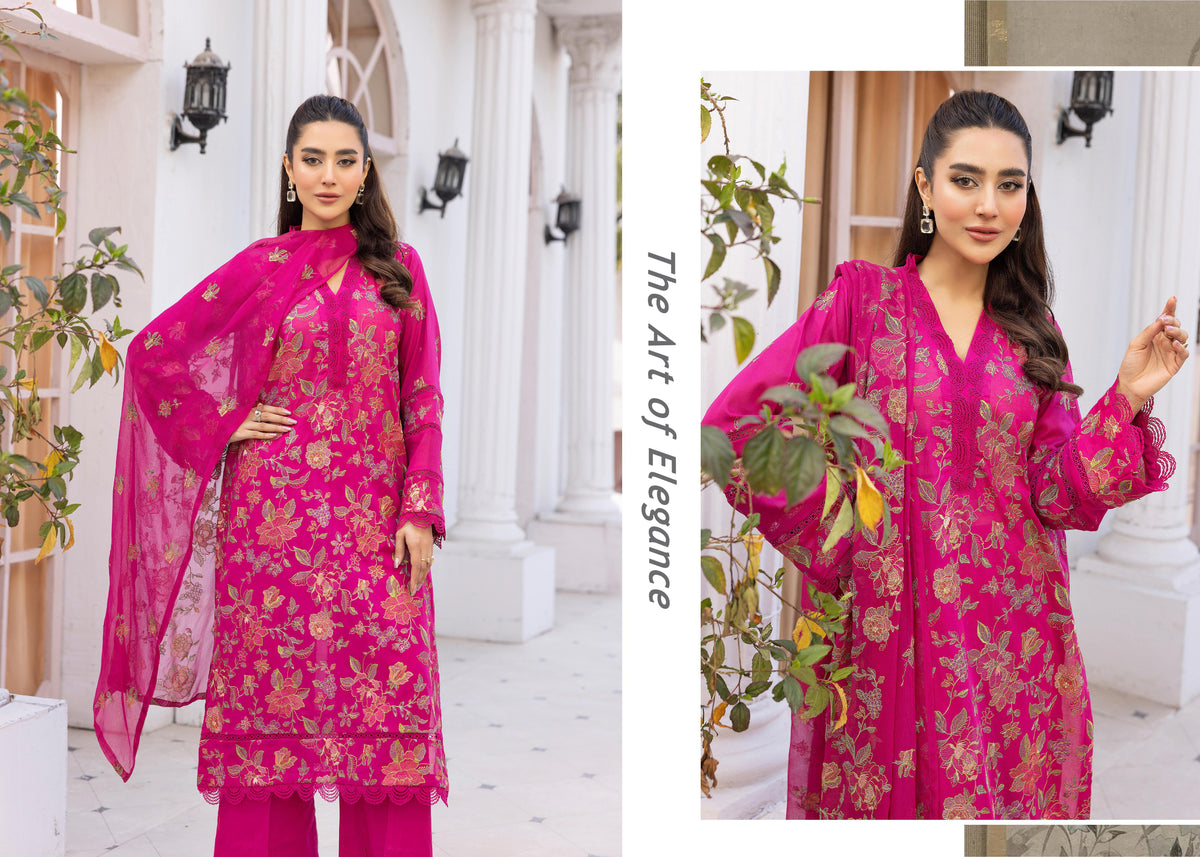 Khoobsurat Premium Swiss Collection KP-404 - Embroidered Magenta 3-Piece Unstitched Suit - Luxury Swiss Lawn