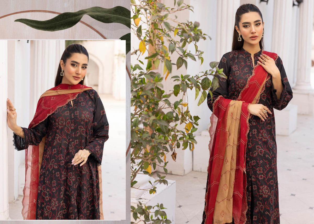Khoobsurat Premium Swiss Collection KP-405 - Embroidered Black & Red 3-Piece Unstitched Suit - Romantic Desires