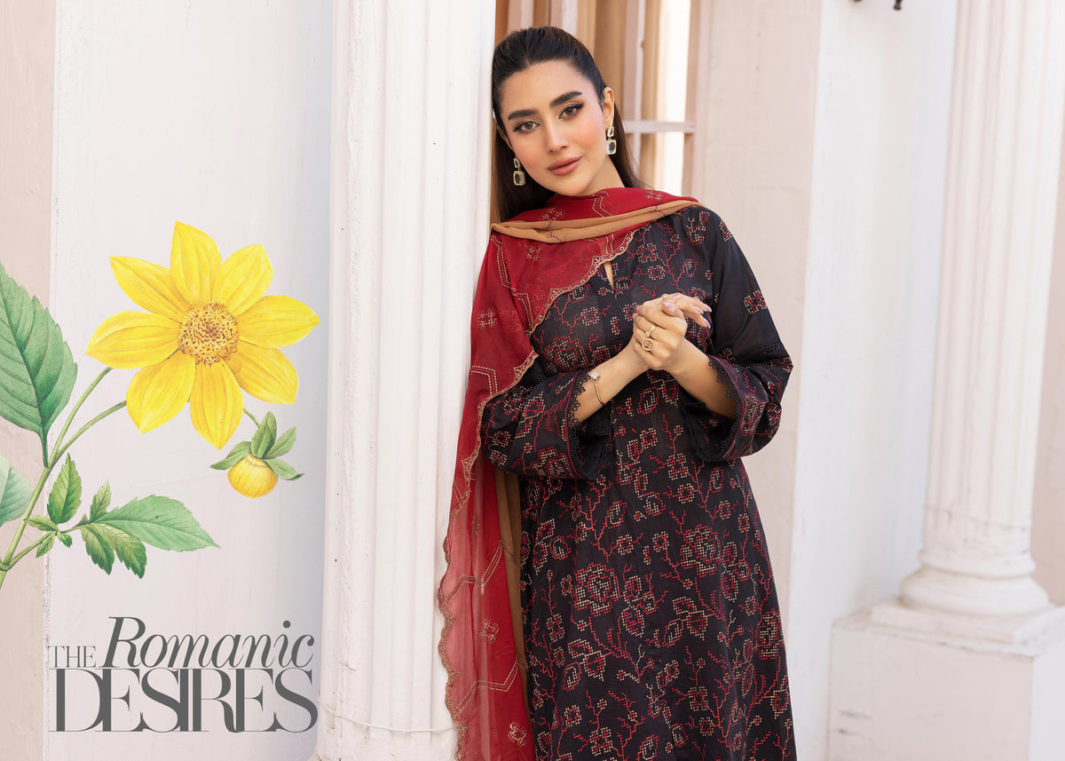 Khoobsurat Premium Swiss Collection KP-405 - Embroidered Black & Red 3-Piece Unstitched Suit - Romantic Desires
