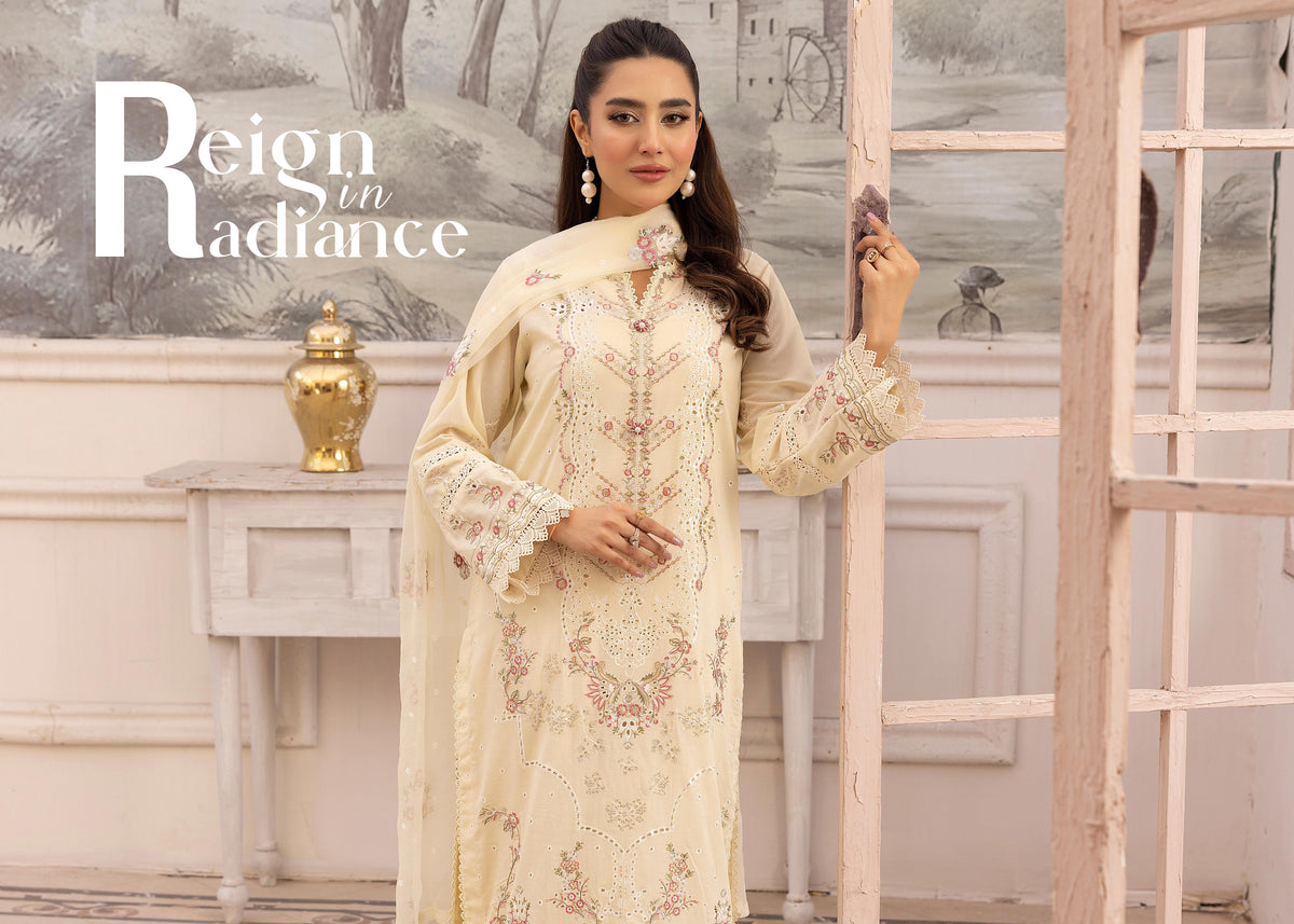 Khoobsurat Premium Swiss Collection KP-408 - Embroidered Cream 3-Piece Unstitched Suit - Reign in Radiance