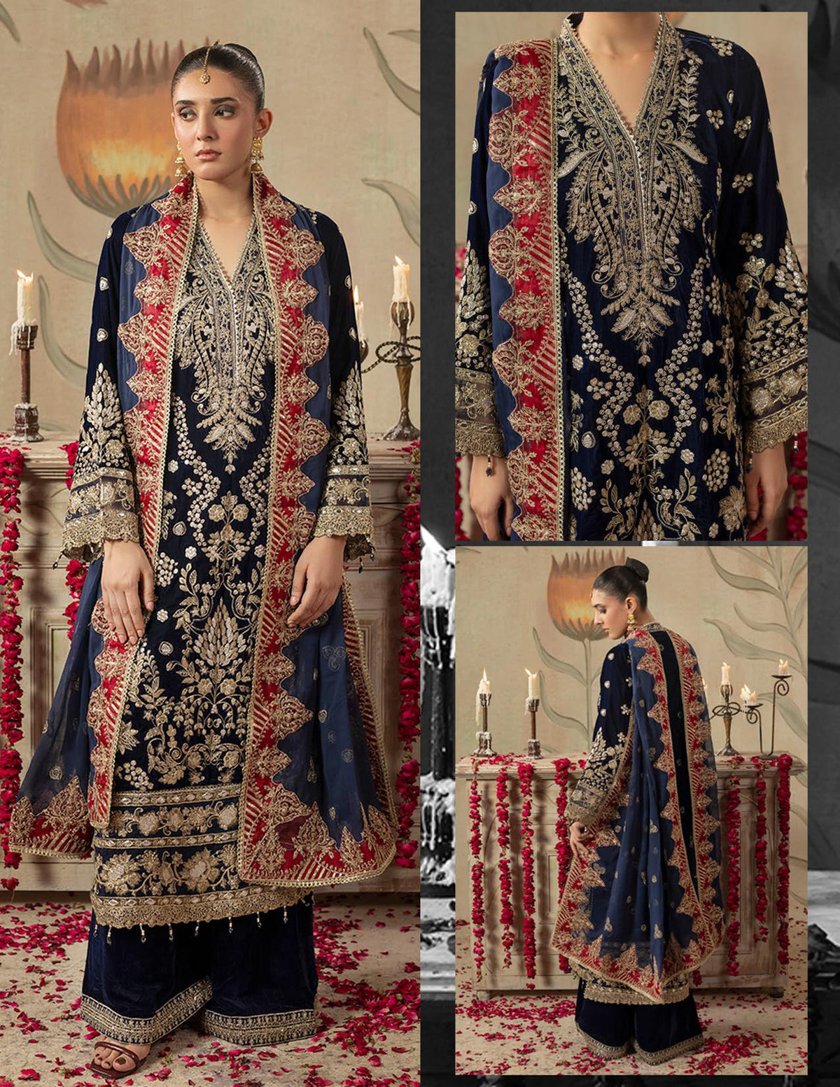 Areej Naqash-E-Makhmal D/02 - Navy Blue Ornate Velvet Pakistani Salwar Suit - Women's Wedding Wear