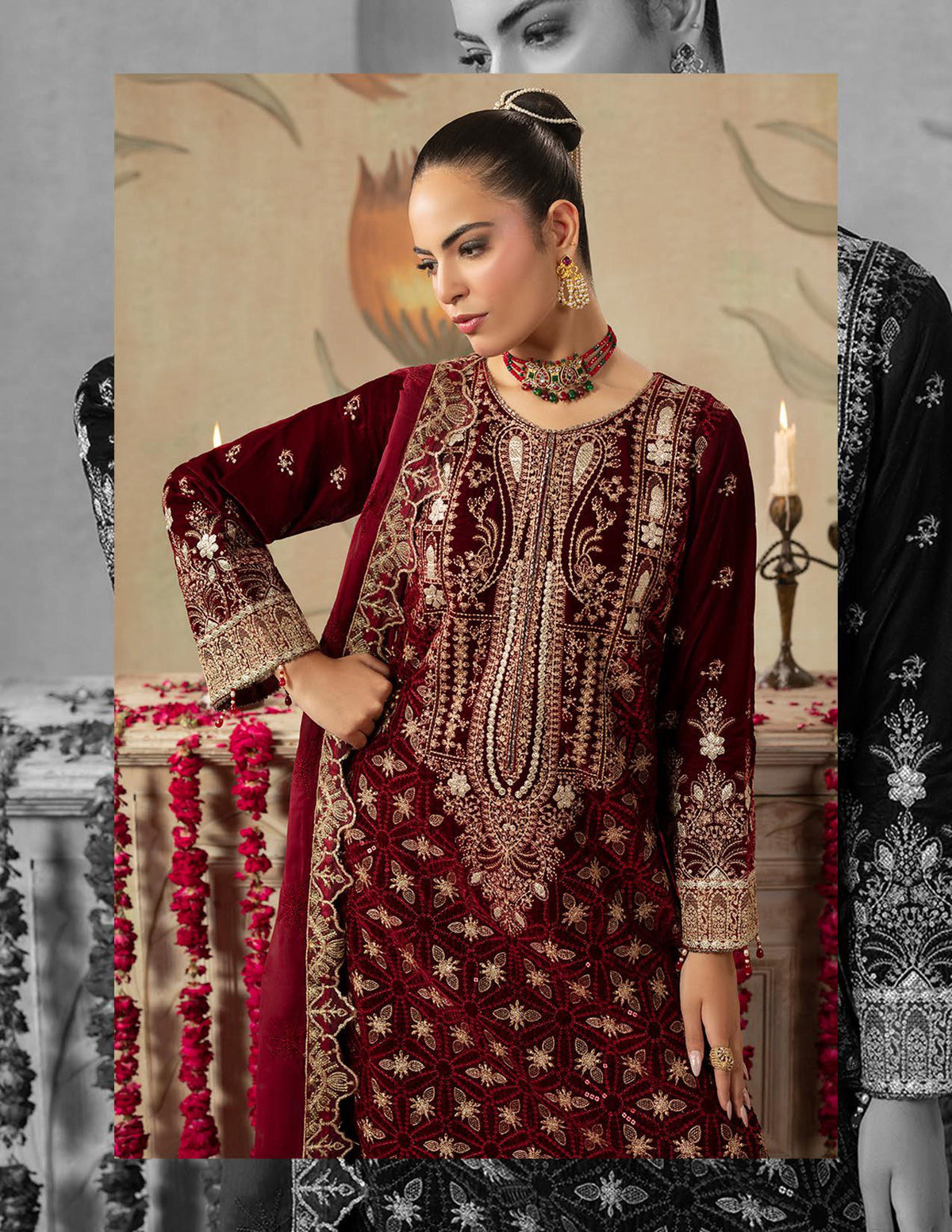Areej Naqash-E-Makhmal D/03 - Maroon Floral Embroidered Velvet Pakistani Suit for Wedding