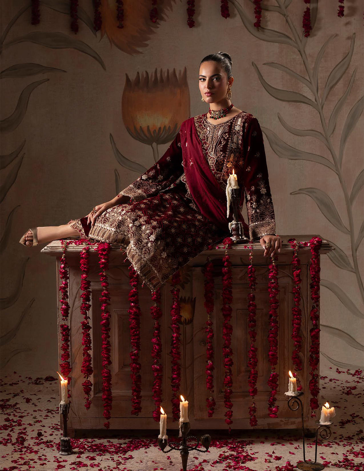 Areej Naqash-E-Makhmal D/03 - Maroon Floral Embroidered Velvet Pakistani Suit for Wedding