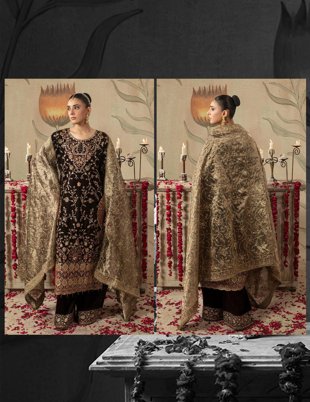 Areej Naqash-E-Makhmal D/04 - Jet Black Gold-Embroidered Velvet Pakistani Salwar Suit