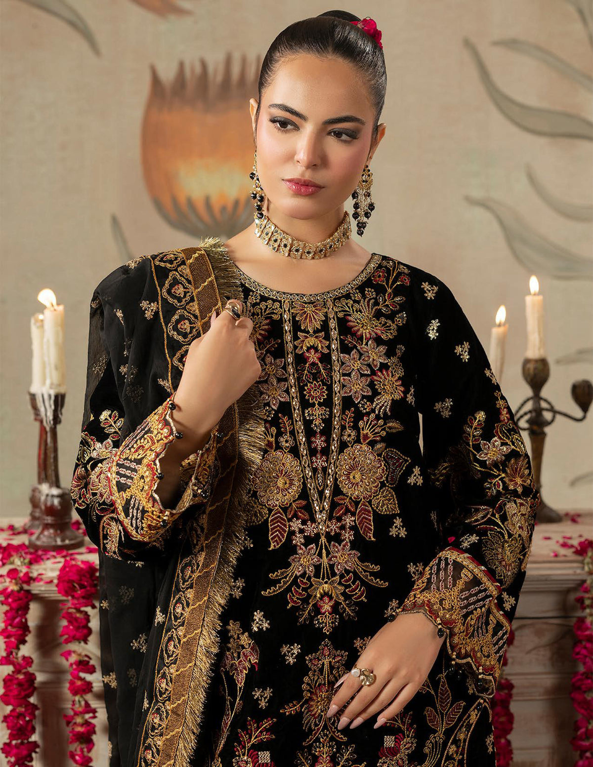 Areej Naqash-E-Makhmal D/06 - Jet Black & Gold Embroidered Velvet Pakistani Suit - Formal Wear
