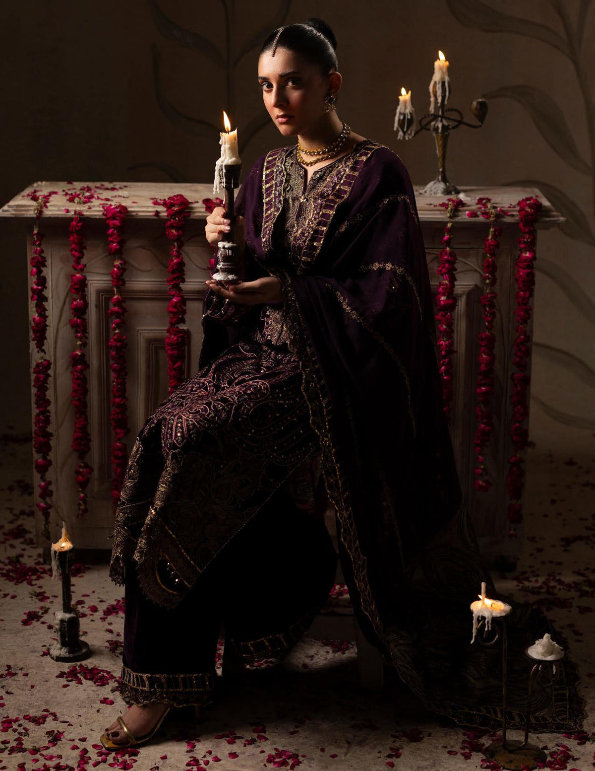 Areej Naqash-E-Makhmal D/07 - Deep Plum Embroidered Velvet Pakistani Salwar Suit for Wedding