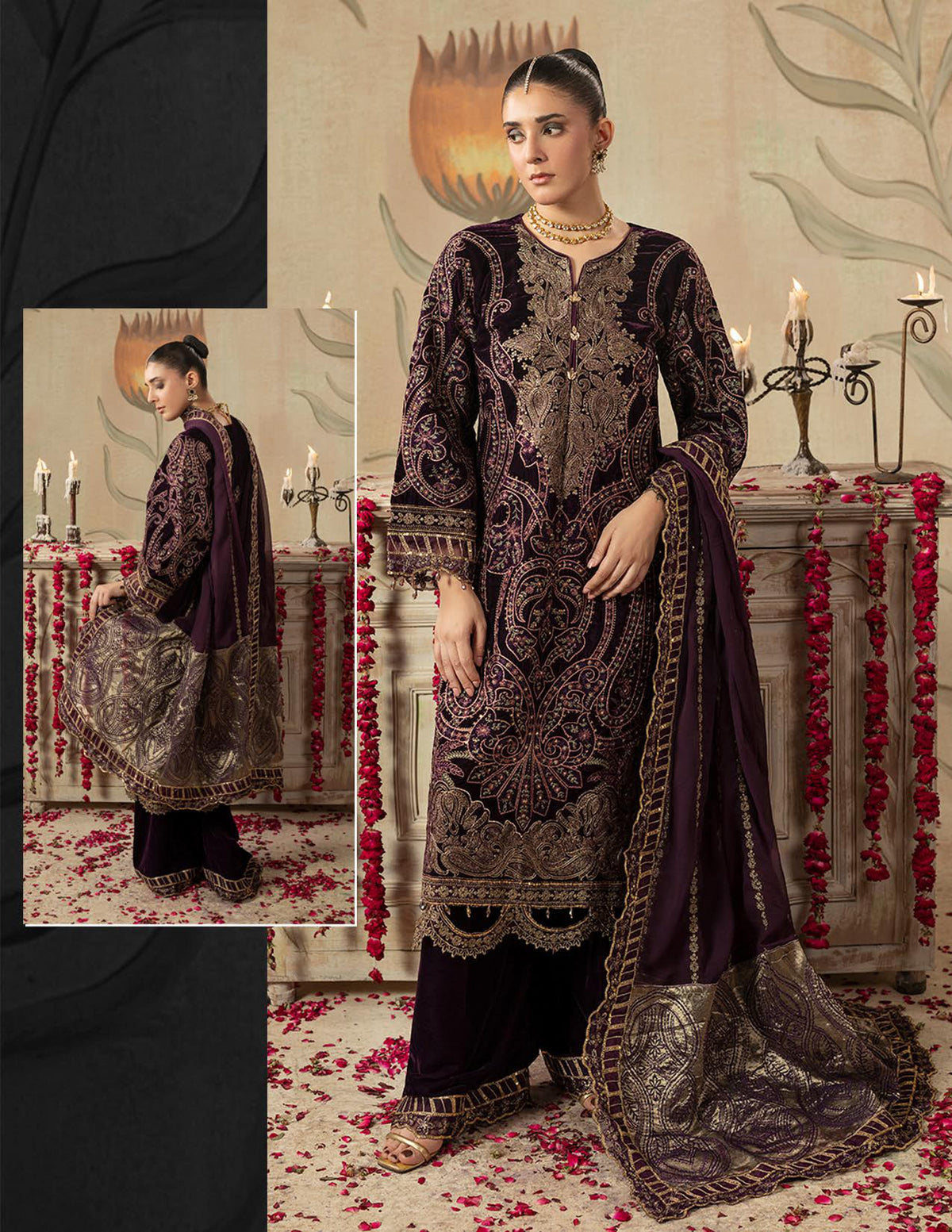 Areej Naqash-E-Makhmal D/07 - Deep Plum Embroidered Velvet Pakistani Salwar Suit for Wedding
