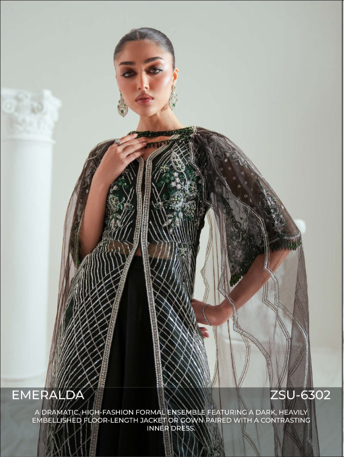 Zariya Emeralda (ZSU-6302) - Dark Emerald High-Fashion Pakistani Suit & Jacket | Wedding Collection