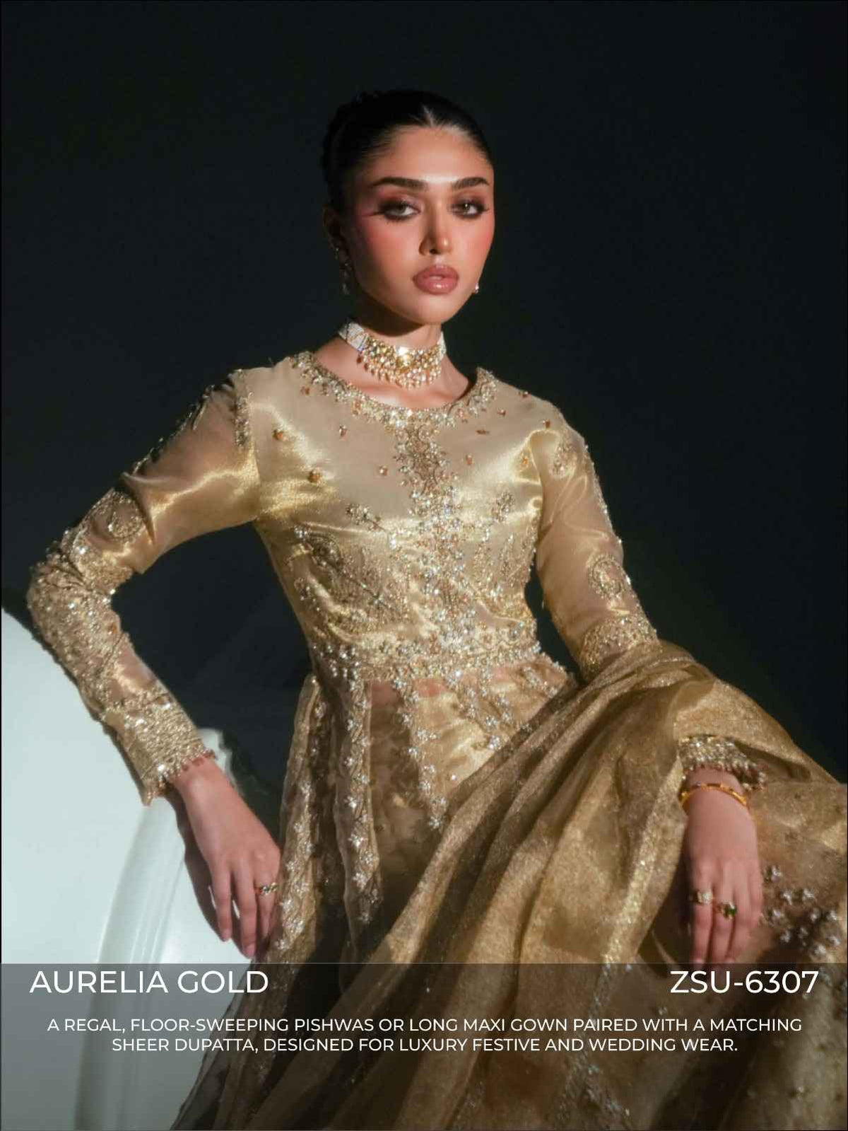 Zariya Aurelia Gold (ZSU-6307) - Floor-Sweeping Wedding Pishwas Abaya | Studio Zariya Elyse