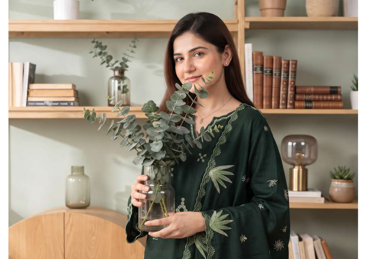 Tawakkal Aysana D-5872 Dark Emerald Green Embroidered Khaddar Pakistani Suit - Women Clothing Salwar Kameez for Mehendi & Wedding Ceremonies Color: Dark Emerald / Forest Green