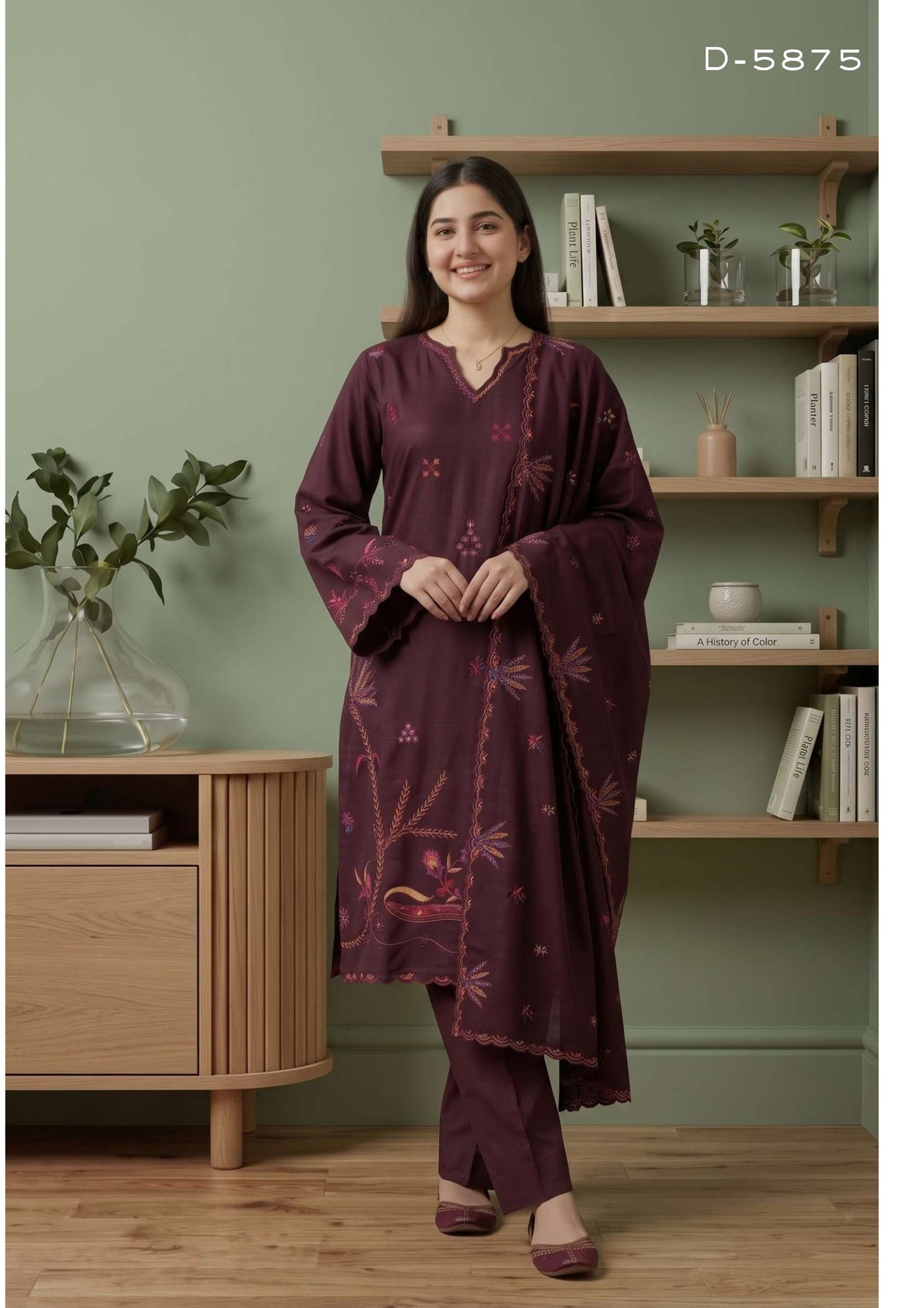Tawakkal Aysana D-5875 Berry Plum Fancy Embroidered Khaddar Suit - Pakistani Salwar Kameez Women Clothing for Evening Wedding & Parties
