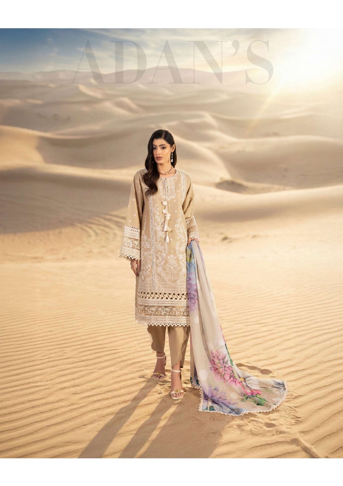 Adan's Libas Masakali Design 02 Sand Beige Schiffli Chikankari Lawn Pakistani Suit - Women Clothing Salwar Kameez for Pre-Wedding &amp; Retro Party