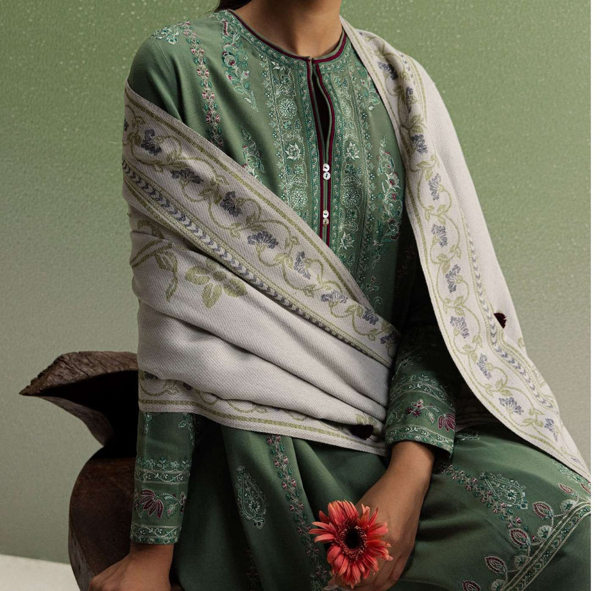 COCO Winters '26 SARD 1B Olive Green Kashmiri Embroidered Khaddar Suit 3 Piece