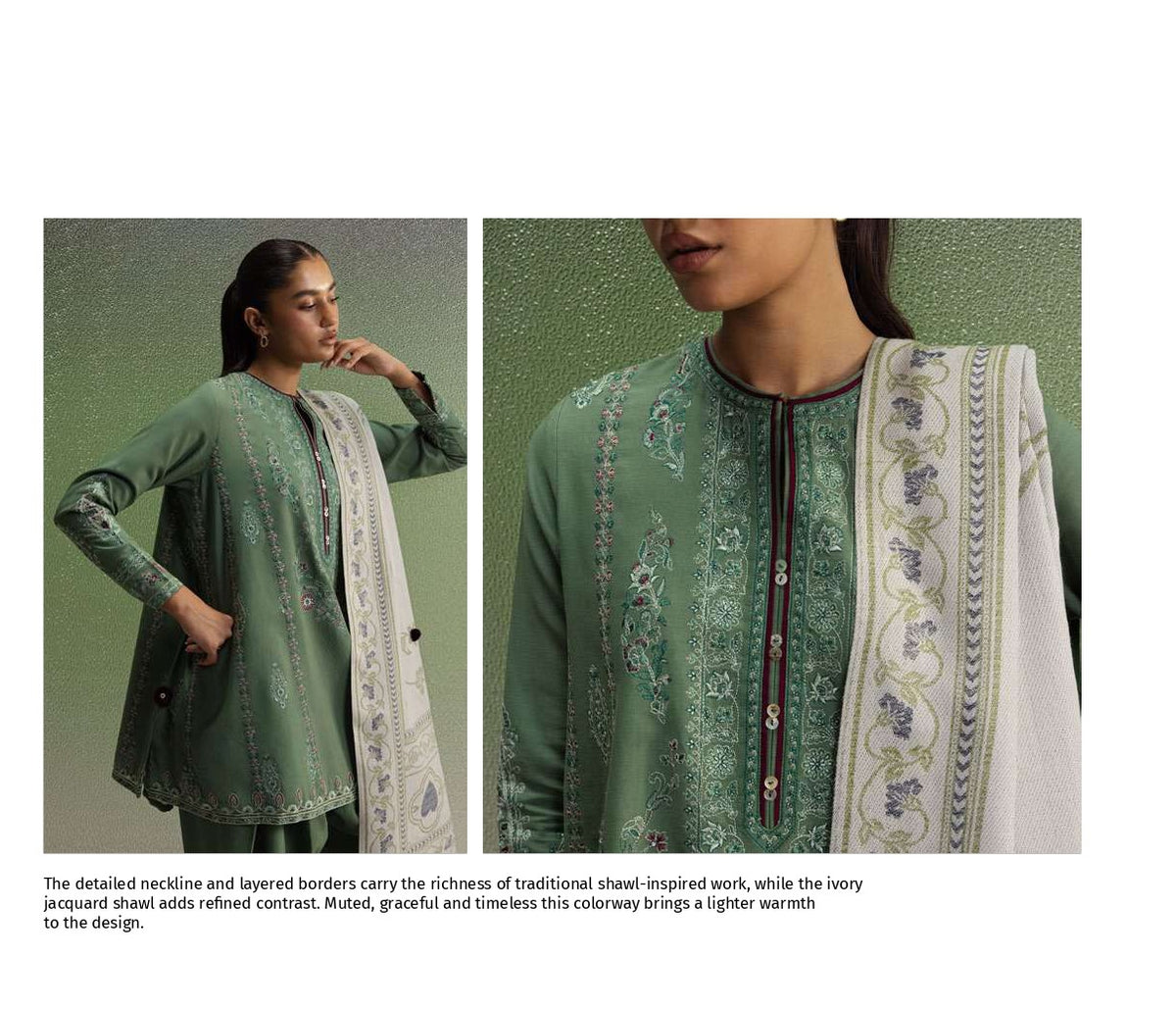 COCO Winters '26 SARD 1B Olive Green Kashmiri Embroidered Khaddar Suit 3 Piece