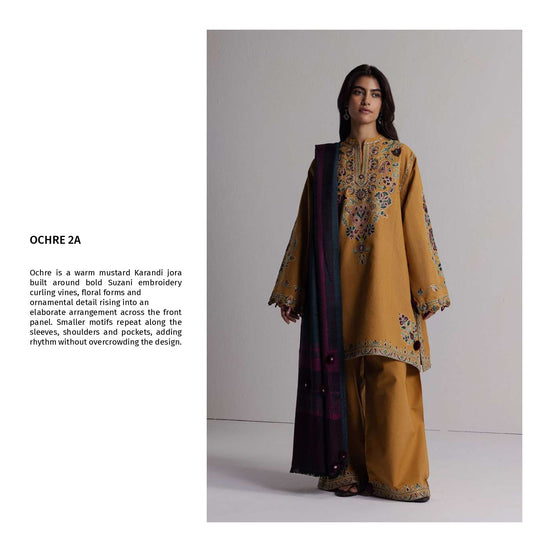 COCO Winters '26 OCHRE 2A Warm Mustard Suzani Embroidered Karandi Suit