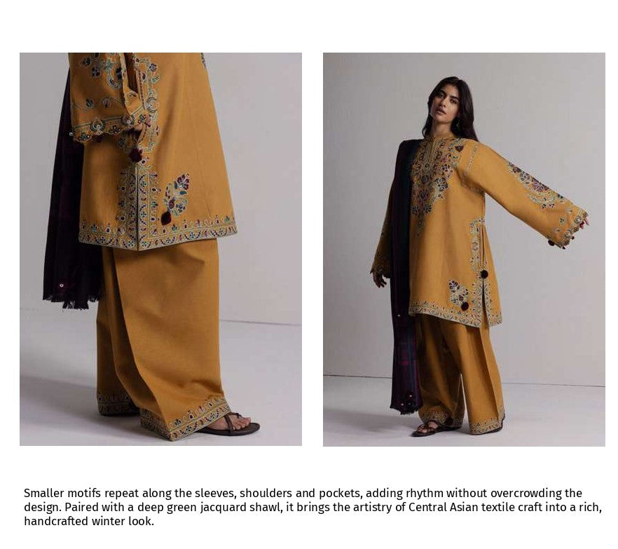 COCO Winters '26 OCHRE 2A Warm Mustard Suzani Embroidered Karandi Suit