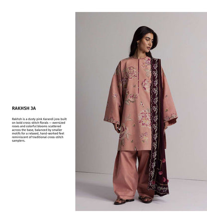 COCO Winters '26 RAKHSH 3A Dusty Pink Cross-Stitch Floral Karandi Suit