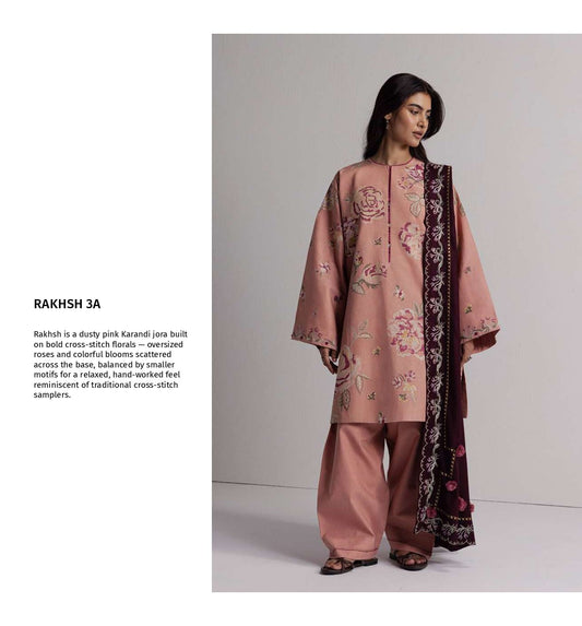 COCO Winters '26 RAKHSH 3A Dusty Pink Cross-Stitch Floral Karandi Suit