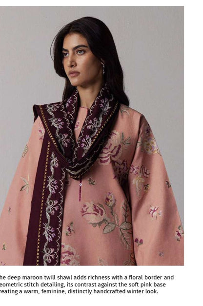 COCO Winters '26 RAKHSH 3A Dusty Pink Cross-Stitch Floral Karandi Suit