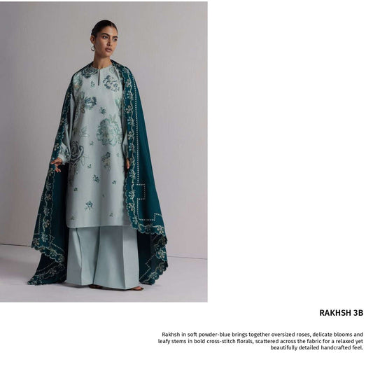 COCO Winters '26 RAKHSH 3B Powder Blue Embroidered Karandi Suit with Marina Twill Shawl