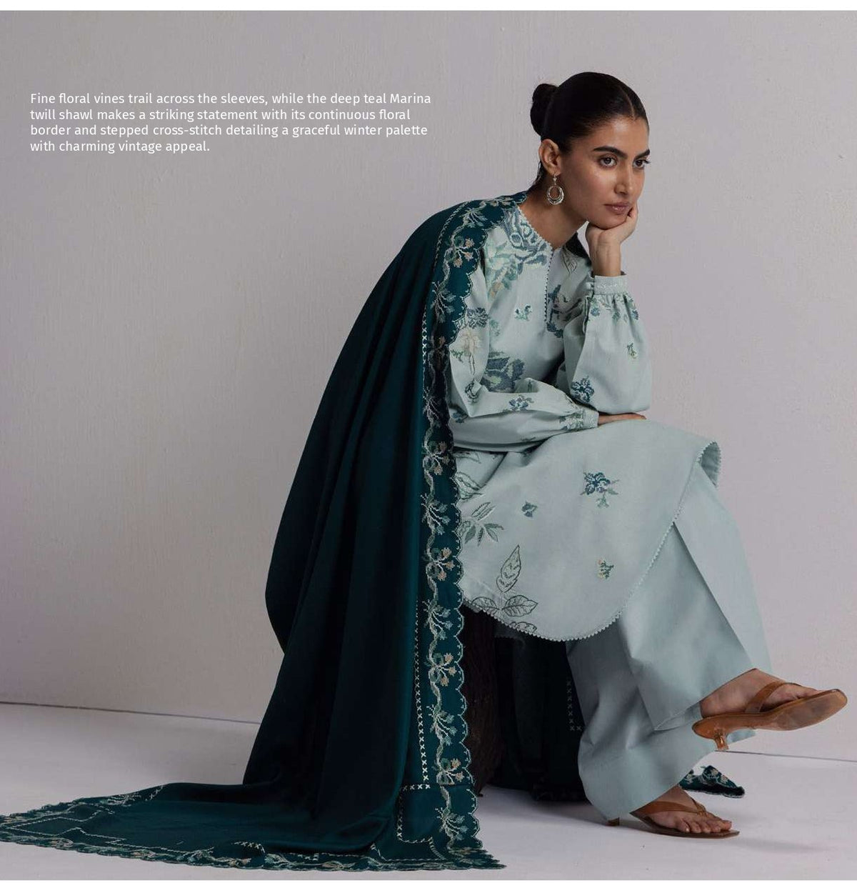 COCO Winters '26 RAKHSH 3B Powder Blue Embroidered Karandi Suit with Marina Twill Shawl