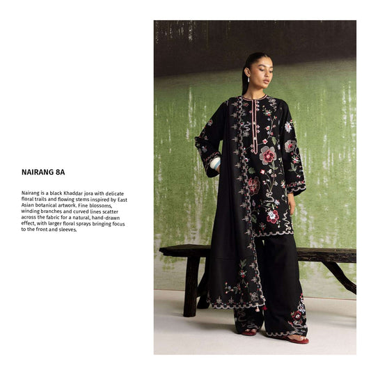 COCO Winters '26 NAIRANG 8A Black East Asian Botanical Embroidered Khaddar Suit Target Colors: Black, Multicolor Floral
