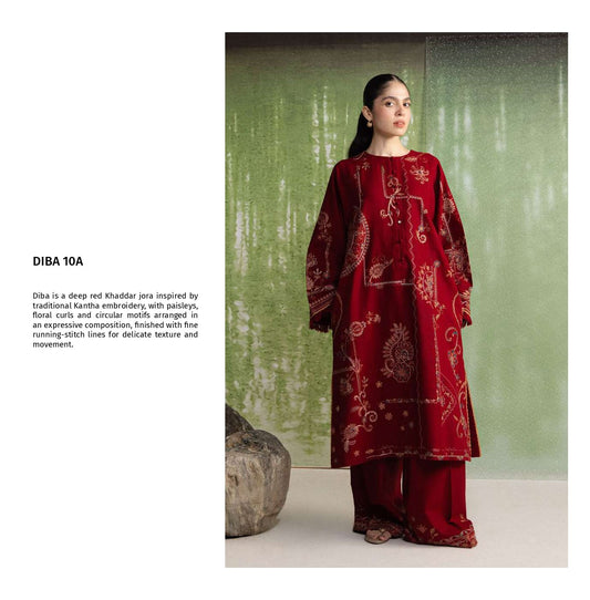 COCO Winters '26 DIBA 10A Deep Red Kantha Embroidered Khaddar Suit
