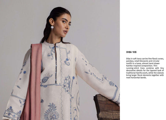 COCO Winters '26 DIBA 10B Soft Ivory Kantha Work Khaddar Suit with Rose Shawl