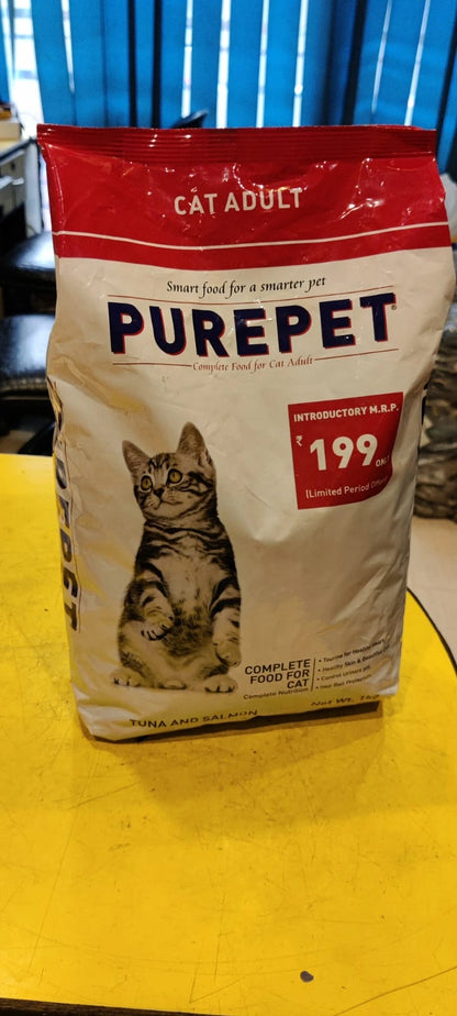 Purepet Tuna &amp; Salmon Dry Cat Food 1kg - Tasty &amp; Healthy for Adult Cats in Kolkata

Treat your adult cat in Kolkata to a delicious and nutritious meal with Purepet Tuna &amp; Salmon Dry Cat Food. This 1 kg pack of non-vegetarian kibble is expertly formulated with real tuna and salmon, providing a palatable and protein-rich diet your feline will love.