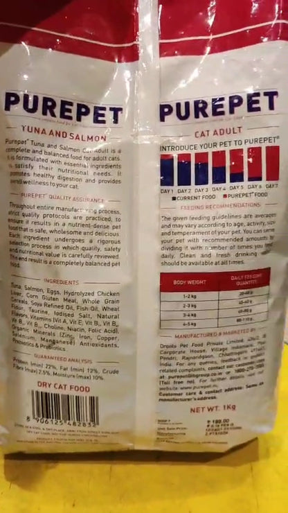 Purepet Tuna &amp; Salmon Dry Cat Food 1kg - Tasty &amp; Healthy for Adult Cats in Kolkata

Treat your adult cat in Kolkata to a delicious and nutritious meal with Purepet Tuna &amp; Salmon Dry Cat Food. This 1 kg pack of non-vegetarian kibble is expertly formulated with real tuna and salmon, providing a palatable and protein-rich diet your feline will love.
