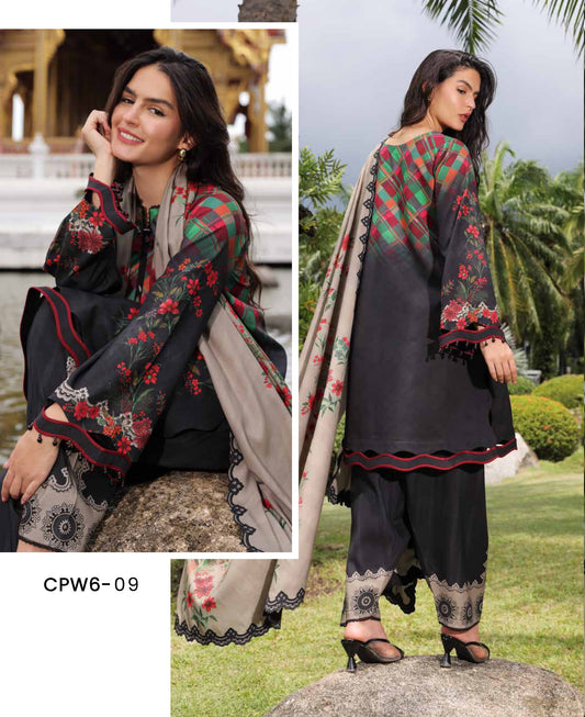 Charizma C-Prints CPW6-09 Charcoal Black & Red Floral Unstitched Linen Pakistani Salwar Kameez Suit with Irish Linen Shawl