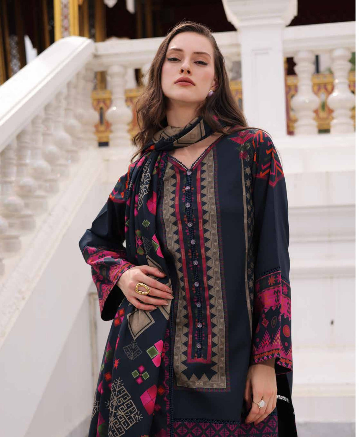 Charizma C-Prints CPW6-10 Midnight Navy & Magenta Printed Linen Pakistani Suit Unstitched Salwar Kameez