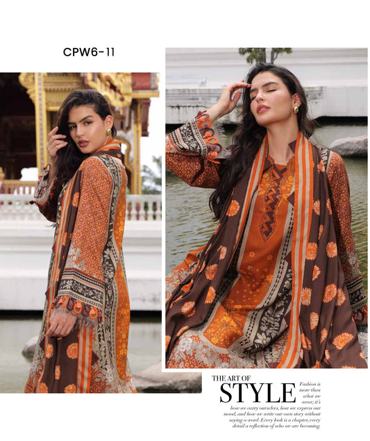 Charizma C-Prints CPW6-11 Rust Orange Ethnic Floral Printed Linen Pakistani Salwar Suit with Irish Linen Shawl