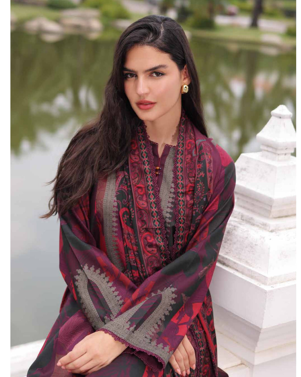 Charizma C-Prints CPW6-12 Deep Plum & Burgundy Printed Linen Pakistani Salwar Kameez Suit