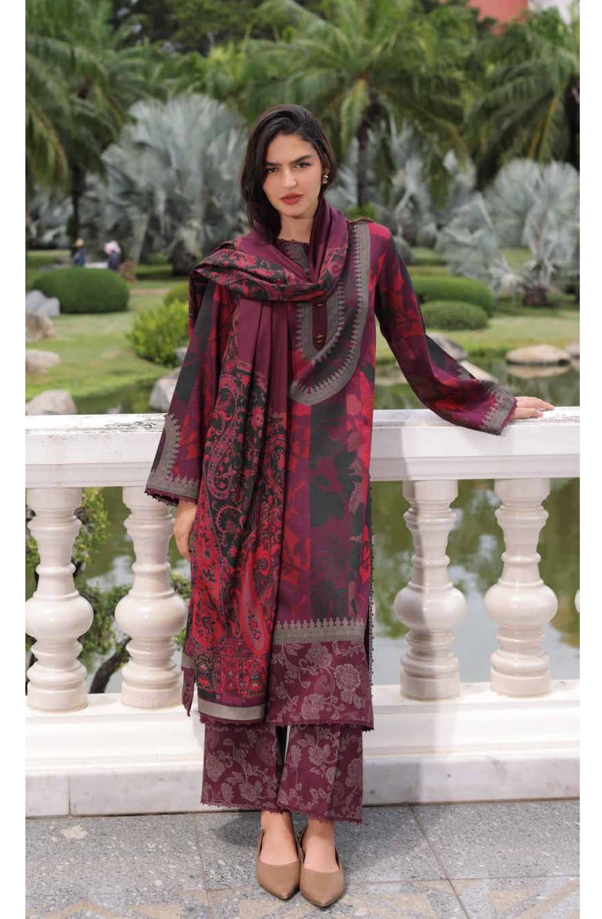 Charizma C-Prints CPW6-12 Deep Plum & Burgundy Printed Linen Pakistani Salwar Kameez Suit