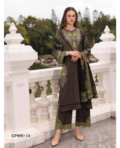Charizma C-Prints CPW6-14 Espresso Brown & Olive Green Printed Linen Salwar Kameez Pakistani Suit