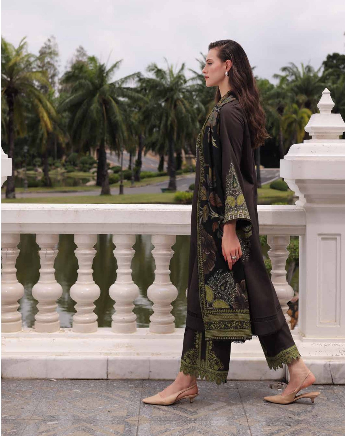Charizma C-Prints CPW6-14 Espresso Brown & Olive Green Printed Linen Salwar Kameez Pakistani Suit