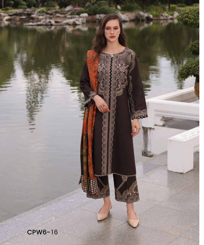 Charizma C-Prints CPW6-16 Dark Chocolate & Cream Lace Print Linen Pakistani Salwar Suit