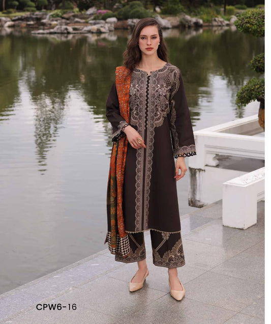 Charizma C-Prints CPW6-16 Dark Chocolate & Cream Lace Print Linen Pakistani Salwar Suit