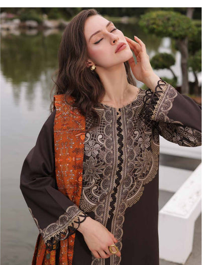 Charizma C-Prints CPW6-16 Dark Chocolate & Cream Lace Print Linen Pakistani Salwar Suit