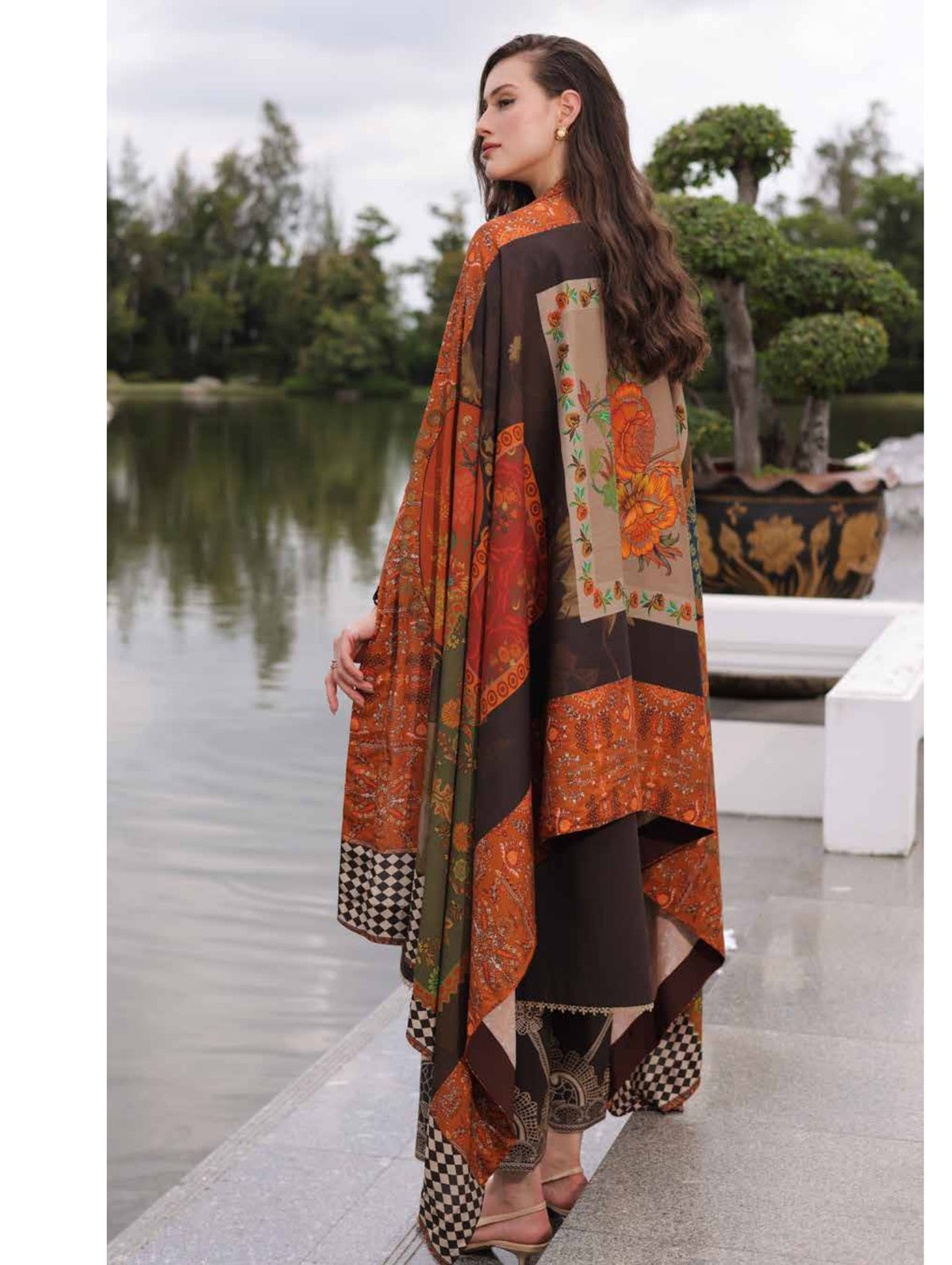 Charizma C-Prints CPW6-16 Dark Chocolate & Cream Lace Print Linen Pakistani Salwar Suit