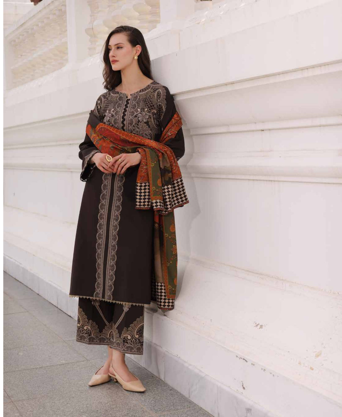 Charizma C-Prints CPW6-16 Dark Chocolate & Cream Lace Print Linen Pakistani Salwar Suit